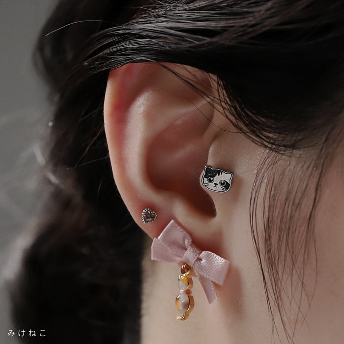 rin-036 軟骨ピアス 16G ボディピアス 猫 ねこ ネコ キャット フェイス かわいい 白 黒 三毛 はちわれ 折れ耳 ストレートバーベル ピアス サージカルステンレス 片耳用