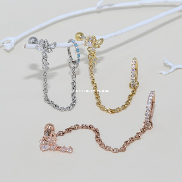 【18G】rin-set-010 ボディピアス 18Gリング チェーン 軟骨ピアス 金属アレルギー 金属アレルギー対応 蝶 バタフライ ピサージカルステンレス ステンレス  ジュエル パーツ リング フープ カスタムピアス カスタム カスタマイズ 揺れる シルバー ゴールド ピンクゴールド セット 片耳用