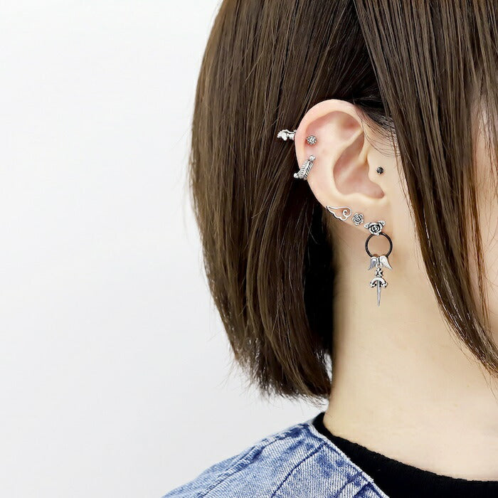 rin-set-011 ボディピアス 16G 軟骨ピアス 薔薇 バラ ばら 剣 羽 サージカルステンレス 金属アレルギー対応 金属アレルギー エンジェル デビル 羽 翼 シルバー セグメントクリッカー セグメントリング ピアス 耳たぶ 耳 凛カスタム 揺れる 片耳用