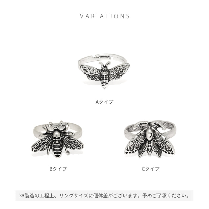 ring-103 指輪 リング フリーサイズ 12号 ～ 16号 昆虫 虫 蝶 蜂 蛾 ドクロ シルバー かっこいい スタイリッシュ ユニセックス デザインリング