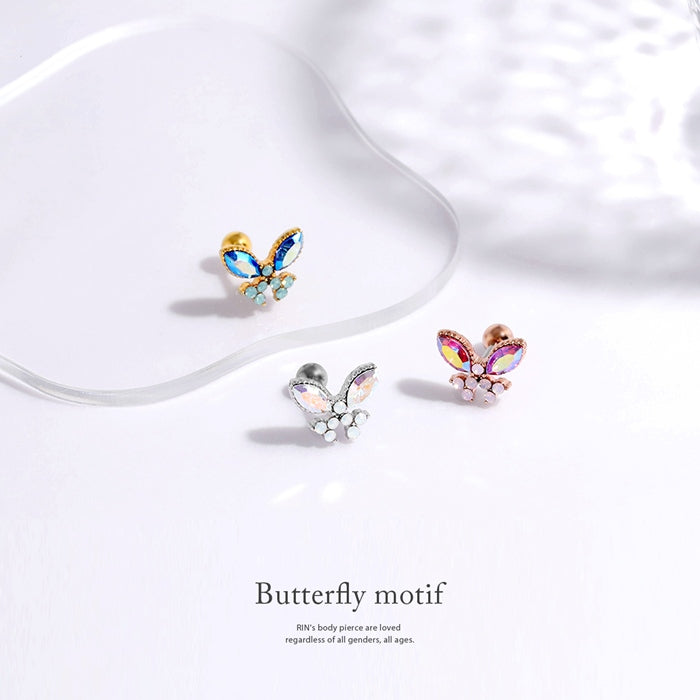 t1141-0007【全品送料無料】 軟骨ピアス 16G ボディピアス かわいい キャッチ チャーム サージカルステンレス 金属アレルギー対応 蝶 蝶々 バタフライ ジュエル おしゃれ キラキラ ストレートバーベル セカンドピアス オーロラ ファーストピアス セカンドピアス メンズ ボディーピアス