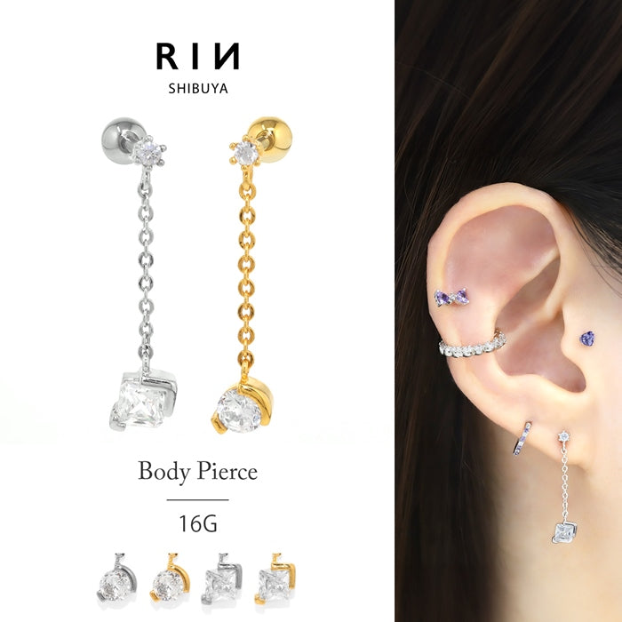 t1141-0019 ボディピアス 16G 軟骨ピアス ジュエル チェーンチャーム スクエア サークル 金属アレルギー対応 サージカルステンレス レディース エレガント かわいい シルバー ゴールド オケージョン セミフォーマル デート お出かけ 片耳用
