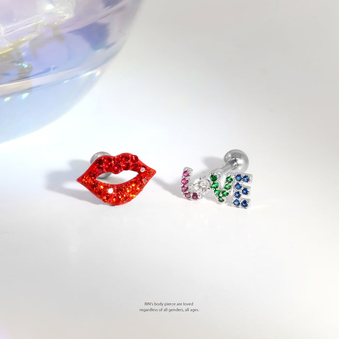 t1141-120 軟骨ピアス 16G ボディピアス リップ くちびる LOVE ユニーク 個性的 個性派 ジュエル ストレートバーベル ピアス サージカルステンレス 片耳用
