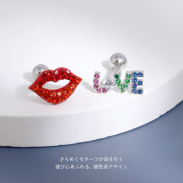 t1141-120 軟骨ピアス 16G ボディピアス リップ くちびる LOVE ユニーク 個性的 個性派 ジュエル ストレートバーベル ピアス サージカルステンレス 片耳用