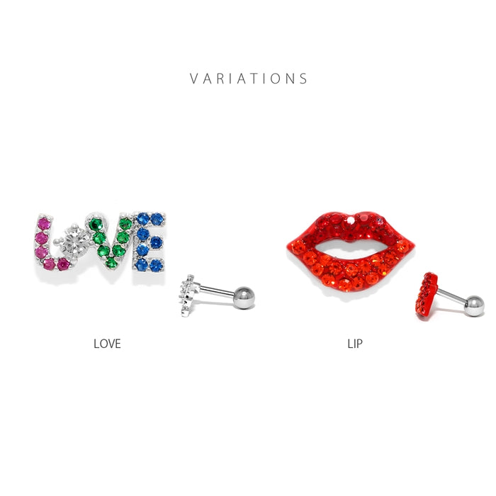 t1141-120 軟骨ピアス 16G ボディピアス リップ くちびる LOVE ユニーク 個性的 個性派 ジュエル ストレートバーベル ピアス サージカルステンレス 片耳用