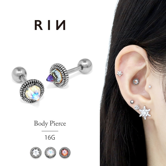 t1141-57 軟骨ピアス 16G ボディピアス ジュエル コーン クリスタル オーロラ レインボー 三角 サージカルステンレス 金アレ ストレートバーベル ピアス 片耳用