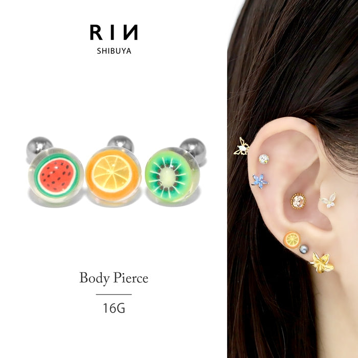 t1142-067 ボディピアス 16G 軟骨ピアス フルーツ 果物 スイカ キウイ オレンジ ボディーピアス ピアス クリアボール ストレート バーベル ストレートバーベル ボディ ボディピ おしゃれ かわいい 16ゲージ サージカルステンレス サージカル ステンレス