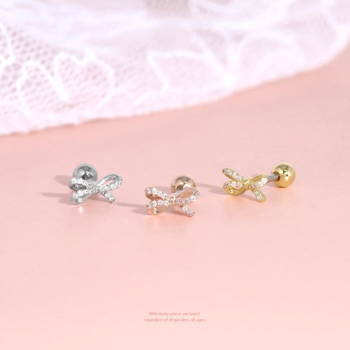 t1501-184 軟骨ピアス 16G ボディピアス リボン りぼん バレエコア かわいい ジュエル キュービックジルコニア ストレートバーベル ピアス サージカルステンレス 片耳用