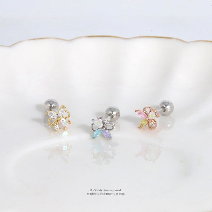 t501-004 軟骨ピアス 16G ボディピアス 花 蝶 リボン 蝶々 ちょうちょ はな フラワー ジュエル 上品 ストレートバーベル ピアス サージカルステンレス 片耳用