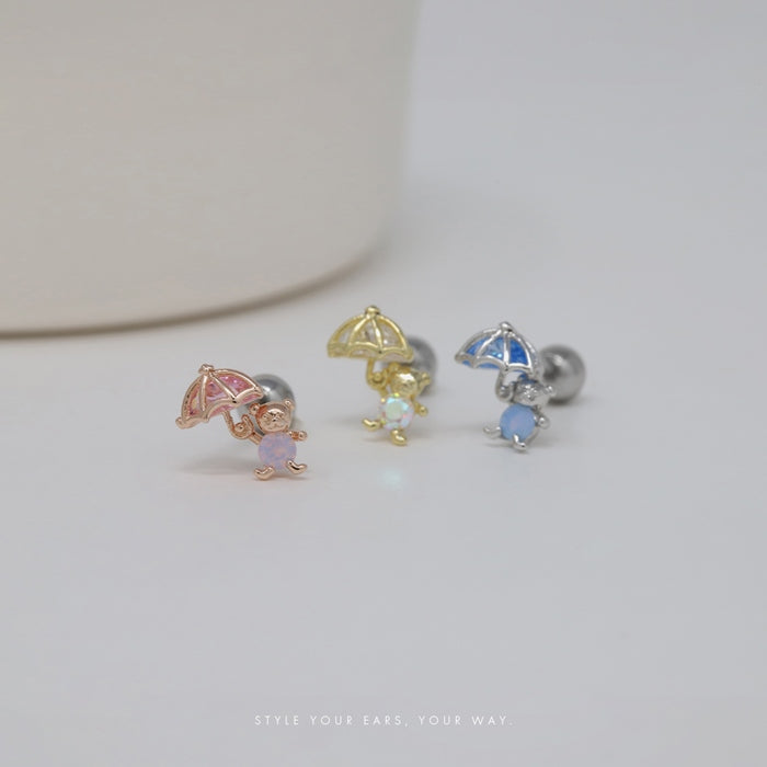 t501-007 軟骨ピアス 16G ボディピアス クマ くま 熊 傘 かさ ジュエル かわいい アニマル 動物 ストレートバーベル ピアス サージカルステンレス 耳 耳たぶ 片耳用