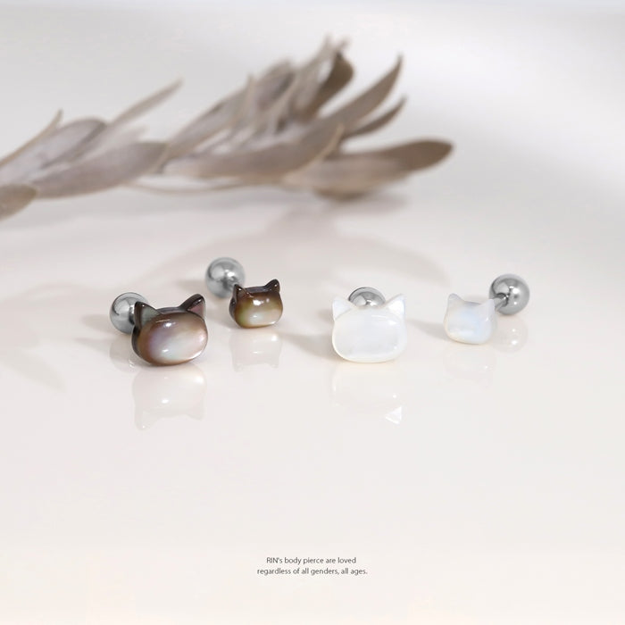 t8112-12 軟骨ピアス 16G 18G 猫 ネコ 天然シェル 螺鈿 アニマル 動物 かわいい ストレートバーベル 16ゲージ 18ゲージ ピアス サージカルステンレス 片耳用