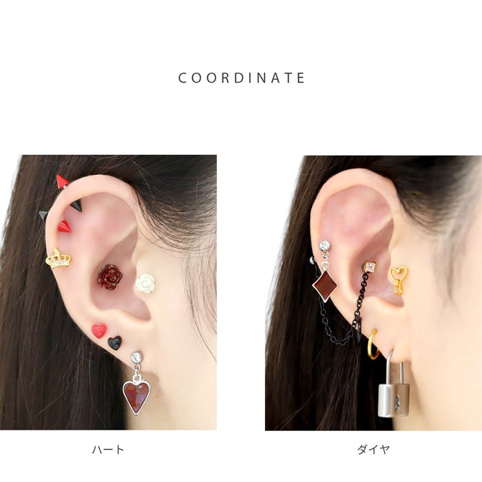 t8262-140 軟骨ピアス 14G 16G ボディピアス かわいい サージカルステンレス 金属アレルギー対応 トランプ ハート ダイヤ スペード クローバー カード ユニーク スタイリッシュ 軟骨 ピアス ボディーピアス チャーム 赤 黒 揺れる