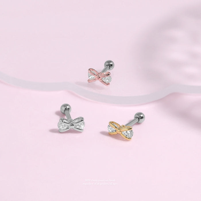 t9192-037 軟骨ピアス 16G ボディピアス かわいい キャッチ チャーム サージカルステンレス リボン りぼん ジュエル キュービックジルコニア メンズ ストレートバーベル サージカルステンレス  ファーストピアス セカンドピアス メンズ
