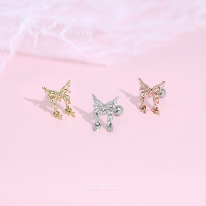 t9192-133 軟骨ピアス 16G ボディピアス リボン 星 スター バレエコア 甘辛 可愛い かわいい ストレートバーベル ピアス サージカルステンレス 片耳用