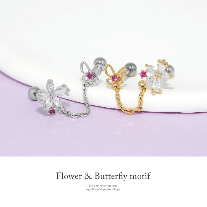 t9192-59 軟骨ピアス 16G ボディピアス かわいい 金属アレルギー対応 桜 サクラ さくら 花 フラワー 蝶 バタフライ ジュエル チェーン ストレートバーベル キャッチ チャーム サージカルステンレス 片耳用 ファーストピアス セカンドピアス