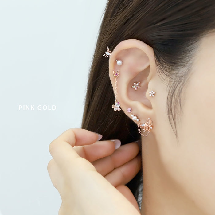 t9192-59 軟骨ピアス 16G ボディピアス かわいい 金属アレルギー対応 桜 サクラ さくら 花 フラワー 蝶 バタフライ ジュエル チェーン ストレートバーベル キャッチ チャーム サージカルステンレス 片耳用 ファーストピアス セカンドピアス