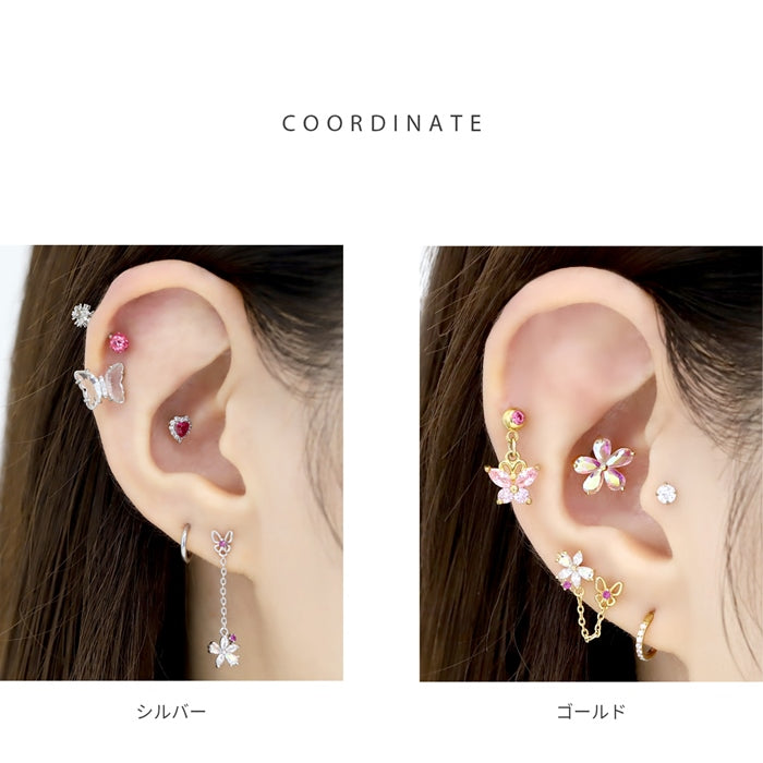 t9192-59 軟骨ピアス 16G ボディピアス かわいい 金属アレルギー対応 桜 サクラ さくら 花 フラワー 蝶 バタフライ ジュエル チェーン ストレートバーベル キャッチ チャーム サージカルステンレス 片耳用 ファーストピアス セカンドピアス