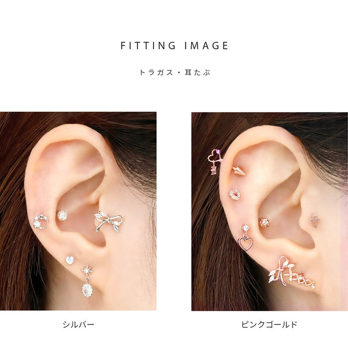 t9192-83　軟骨ピアス 16G かわいい ボディピアス リボン シルバー ゴールド ピンクゴールド 可愛い キラキラ ジュエル なんこつぴあす 耳たぶ ヘリックス ボディーピアス ピアス Pierce 片耳用