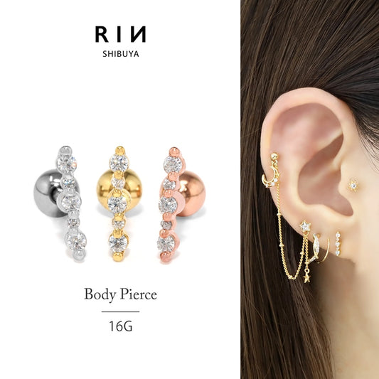 t9312-004 軟骨ピアス 16G ボディピアス ジュエル ストレートバーベル ボディーピアス かわいい 金属アレルギー対応 サージカルステンレス レディース アウターコンク シルバー ゴールド ピンクゴールド 片耳用 凛 RIN