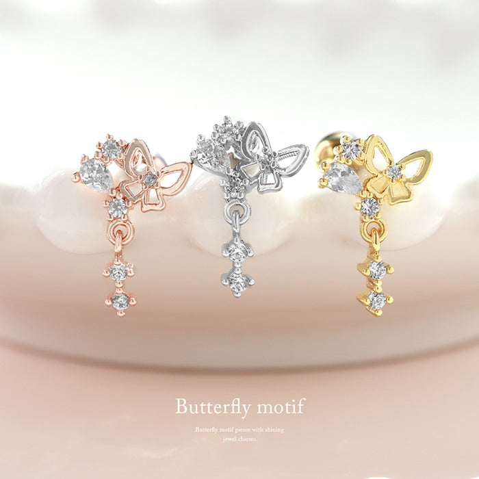 ★t9312-015 軟骨ピアス 16G ボディピアス かわいい キャッチ チャーム サージカルステンレス 金属アレルギー対応 バタフライ ジュエル 蝶 蝶々 揺れる かわいい 動物 アニマル おしゃれ キラキラ セカンドピアス  軟骨 ピアス ボディーピアス
