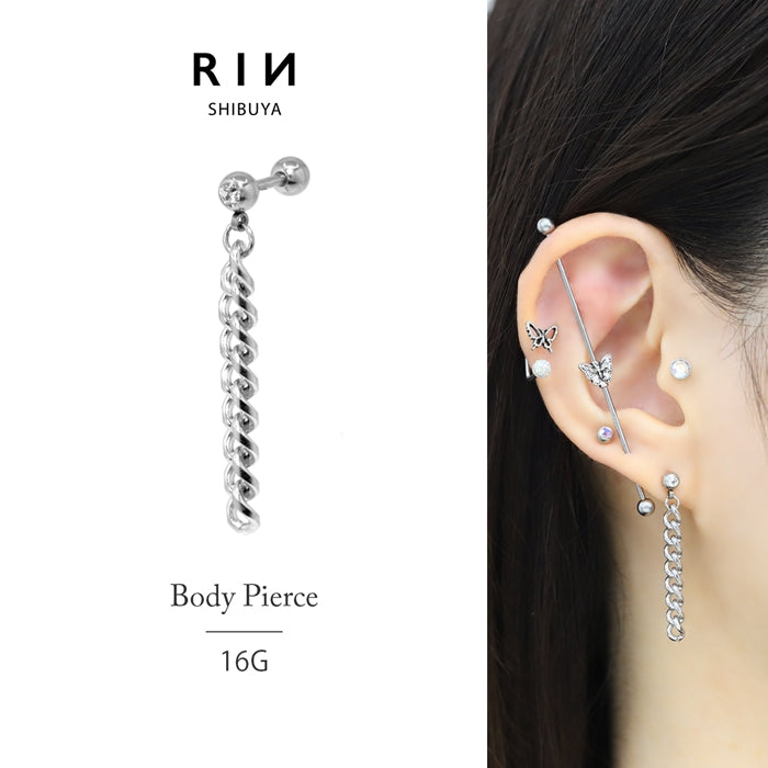 t951-0027 軟骨ピアス 16G ボディピアス チェーン スタイリッシュ シルバー ステンレス つけっぱなしストレートバーベル 16ゲージ ピアス サージカルステンレス 片耳用