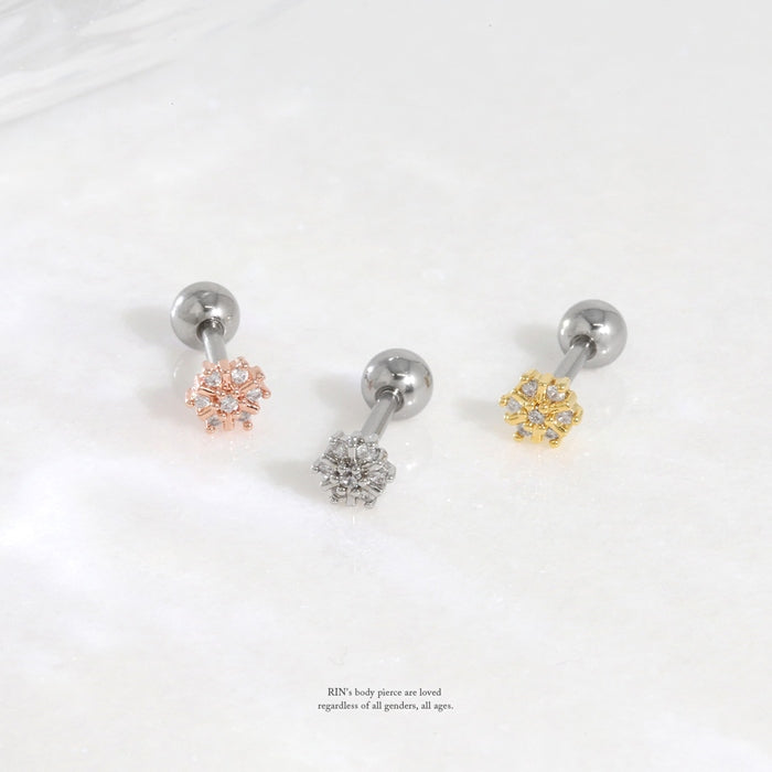 t9972-014 軟骨ピアス 16G ボディピアス ジュエル 雪の結晶 雪 小さめ プチ ミニ キュービックジルコニア ストレートバーベル ピアス サージカルステンレス 片耳用