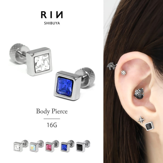 w1f-118-46 軟骨ピアス 16G ボディピアス ピアス スクエア ジュエルストレートバーベル サージカルステンレス セカンドピアス 金属アレルギー 片耳用