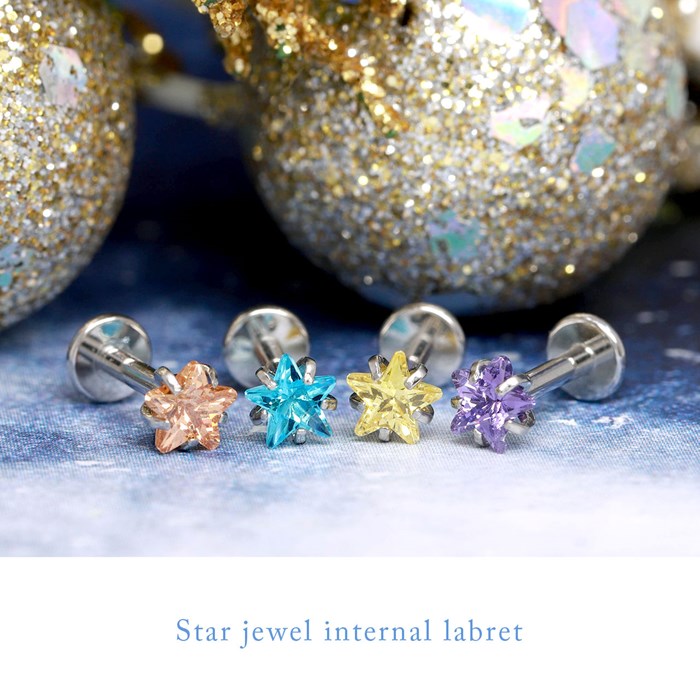 【廃盤】 ch-107　ボディピアス 軟骨ピアス 18G 16G 14G トラガス 星 スター ジュエル チャーム シルバー 金属アレルギー対応 サージカルステンレス ブルー イエロー パープル ボディーピアス かわいい インターナルラブレット 片耳用