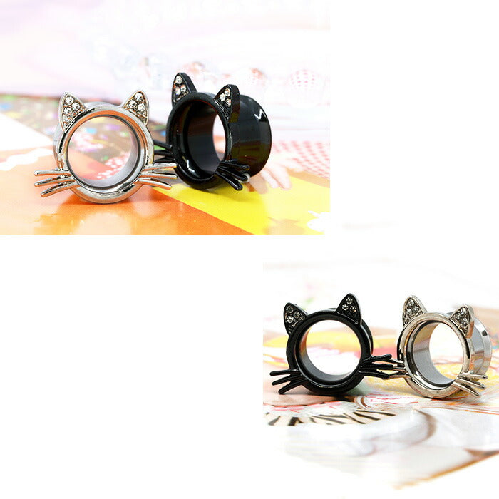 ch-87-14 ピアス 14ｍｍ ボディピアス ダブルフレア ネコ ねこ 猫 ジュエル 14ミリ  ピアス メンズ トンネル プラグ ホール サージカルステンレス 片耳用 とんねる