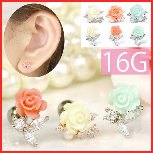 【廃盤】 ボディピアス 16G 軟骨ピアス 薔薇 花 パール ジュエル パステル 16ゲージ ストレートバーベル ボディーピアス 凛 軟骨用 ボディピアス専門店 サージカルステンレス 軟骨ピアス 耳 りん 「BP」「NAN」