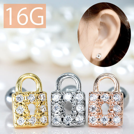 【廃盤】 f1f-033 軟骨ピアス 16G ボディピアス かわいい キャッチ チャーム サージカルステンレス 金属アレルギー対応 鍵 南京錠 錠前 錠 ジュエル おしゃれ キラキラ ストレートバーベル ファーストピアス セカンドピアス メンズ 軟骨 ピアス ボディーピアス