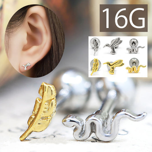 【全品送料無料】 軟骨ピアス かわいい 16G ボディピアス 鳥 ヘビ 羽 蛇 トリ フェザー 16ゲージ ピアス メンズ ストレートバーベル サージカルステンレス 耳 耳たぶ