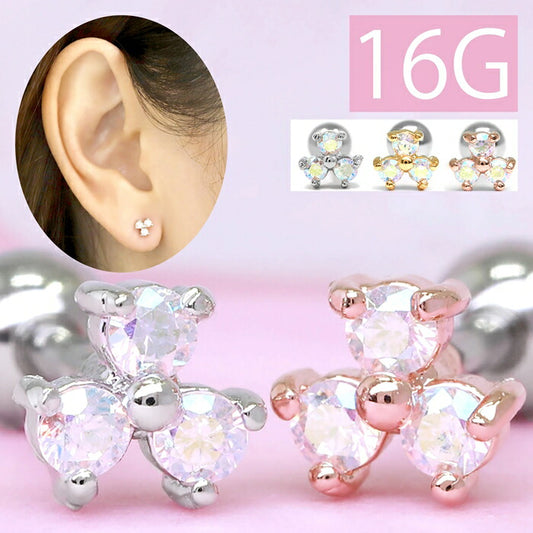 【全品送料無料】 軟骨ピアス 16G ボディピアス かわいい キャッチ チャーム サージカルステンレス 金属アレルギー対応 三つ葉 クローバー ジュエル キラキラ おしゃれ パール  ストレートバーベル ファーストピアス セカンドピアス メンズ 軟骨 ピアス ボディーピアス