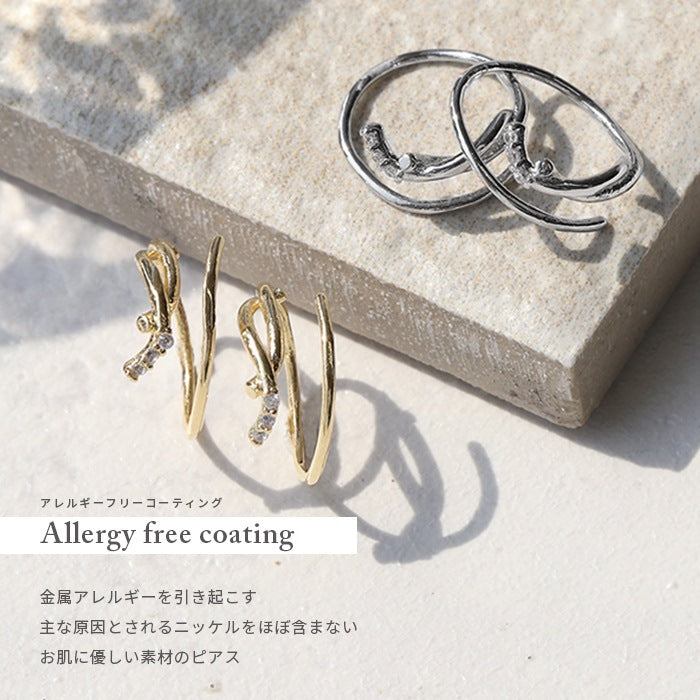fp-061 ピアス 18k 18金 金属アレルギー フープ フック ニッケルフリー 18kコーティング レディース セカンドピアス キャッチレス つっけぱなし シンプル シルバー ゴールド キュービックジルコニア キラキラ ツイスト 大人 上品 かわいい きれいめ 【両耳用・2個売り】