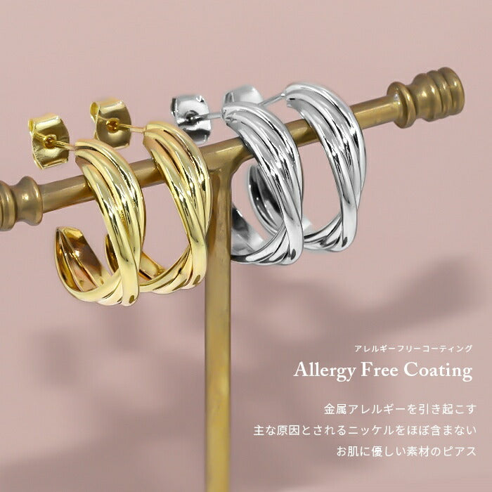 fp-068 ピアス 18k 18金 金属アレルギー 3連 クロス フープ つけっぱなし キャッチレス ワンタッチ ニッケルフリー 18kコーティング レディース セカンドピアス シンプル シルバー ゴールド 大人 上品 かわいい きれいめ 耳たぶ 【両耳用・2個売り】