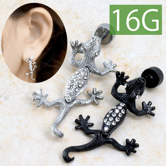 【全品送料無料】 軟骨ピアス 16G ボディピアス かわいい キャッチ チャーム サージカルステンレス 金属アレルギー対応 トカゲ とかげ 蜥蜴 爬虫類 は虫類 ジュエル アニマル 揺れる ストレートバーベル 個性 キラキラ おしゃれ セカンドピアス メンズ ボディーピアス