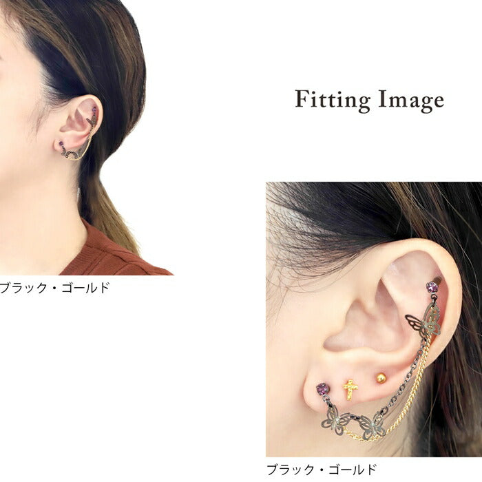 ori-117　チャーム ボディピアス キャッチ 12G 14G 蝶々 16G 18G チェーン ジュエル シルバー ゴールド ブラック ピンク 揺れる 二連 サージカルステンレス 金属アレルギー対応 軟骨ピアス かわいい 可愛い レディース ボディーピアス 日本製 片耳用 凛 RIN