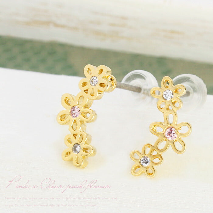 【廃盤】 ファッションピアス0040/チタン/チタンピアス/花/フラワー/3連/ゴールド/ノンアレルギー「Fピアス」