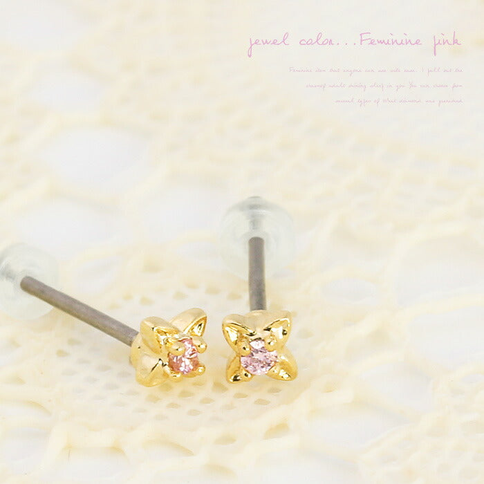【廃盤】 ファッションピアス0042/チタン/チタンピアス/花/フラワー/キュービック/プチ/ゴールド「Fピアス」