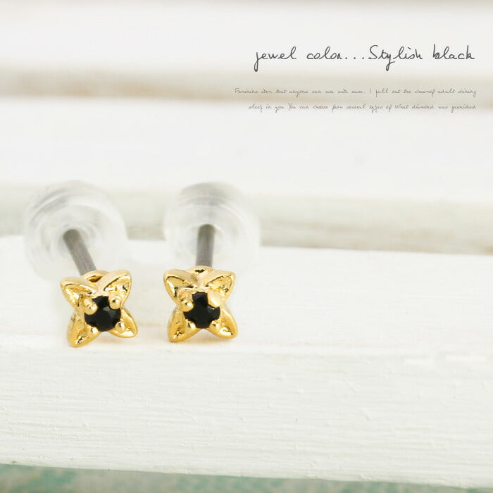 【廃盤】 ファッションピアス0042/チタン/チタンピアス/花/フラワー/キュービック/プチ/ゴールド「Fピアス」