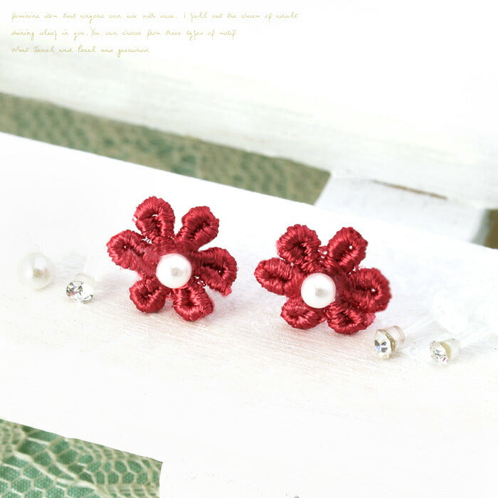 【廃盤】 セットピアス0013/樹脂/樹脂ピアス/花/フラワー/刺繍/フェイクパール/「Fピアス」