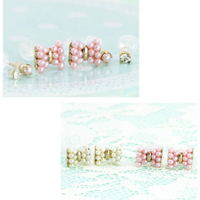 【廃盤】 セットピアス0015/樹脂/樹脂ピアス/りぼん/リボン/フェイクパール/エレガント/ジュエル/かわいい/レディース/チタン/ノンアレルギー「Fピアス」