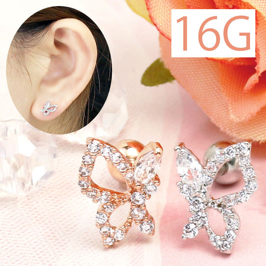 ★【全品送料無料】 軟骨ピアス 16G ボディピアス かわいい キャッチ チャーム サージカルステンレス 金属アレルギー対応 蝶 蝶々バタフライ ジュエル おしゃれ キラキラ ストレートバーベル ファーストピアス セカンドピアス メンズ