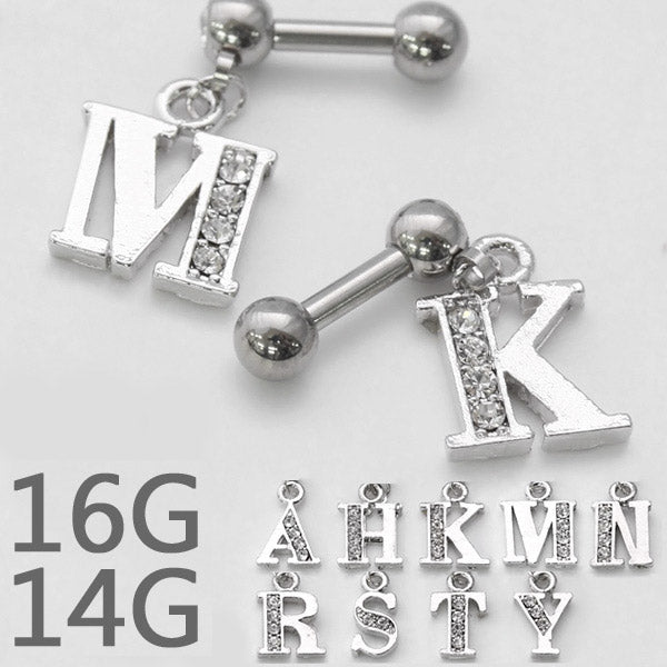 【廃盤】 軟骨ピアス 14G 16G ボディピアス かわいい キャッチ チャーム サージカルステンレス 金属アレルギー対応 イニシャル 頭文字  アルファベット 英語 ロブ ストレートバーベル シルバー かわいい ステンレス ヘリックス 軟骨 ピアス ボディーピアス