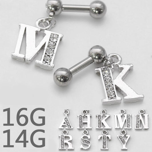 【廃盤】 軟骨ピアス 14G 16G ボディピアス かわいい キャッチ チャーム サージカルステンレス 金属アレルギー対応 イニシャル 頭文字  アルファベット 英語 ロブ ストレートバーベル シルバー かわいい ステンレス ヘリックス 軟骨 ピアス ボディーピアス
