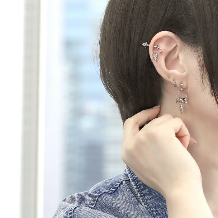 rin-set-003 ボディピアス 16G 軟骨ピアス サージカルステンレス 金属アレルギー対応 エンジェル デビル 羽 翼 コーン シルバー ブラック ジュエル セグメントクリッカー ピアス ワンタッチビーズリング ヘリックス 耳たぶ 耳 凛カスタム 揺れる 片耳用