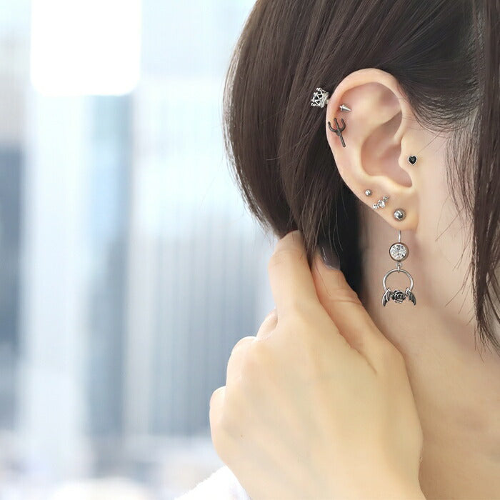 rin-set-004 ボディピアス 軟骨ピアス 14G 18G 金属アレルギー 金属アレルギー対応 つけっぱなし チャーム ピアス バラ 薔薇 エンジェル デビル 翼 羽 カスタマイズ ビーズリング カスタム かわいい シルバー バナナバーベル へそピアス 耳たぶ 片耳用
