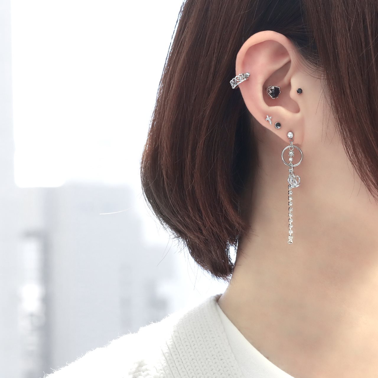 rin-set-009 ボディピアス 14G 16G チャーム クラウン 軟骨ピアス 金属アレルギー 金属アレルギー対応 サージカルステンレス ステンレス 冠 ジュエル パーツ チェーン リング カスタムピアス カスタム カスタマイズ 揺れる 耳 セット 片耳用