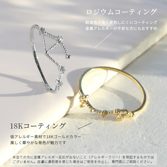 ring-10 リング 指輪 レディース シルバー ゴールド 金属アレルギー シンプル 18k 18金 k18 ニッケルフリー 9号 11号 星座 十二星座 ファッションリング ゴールドリング シルバーリング ピンキーリング キラキラ 18Kコーティング 大人 ハンドメイド かわいい 大人可愛い 重ね付け 凛