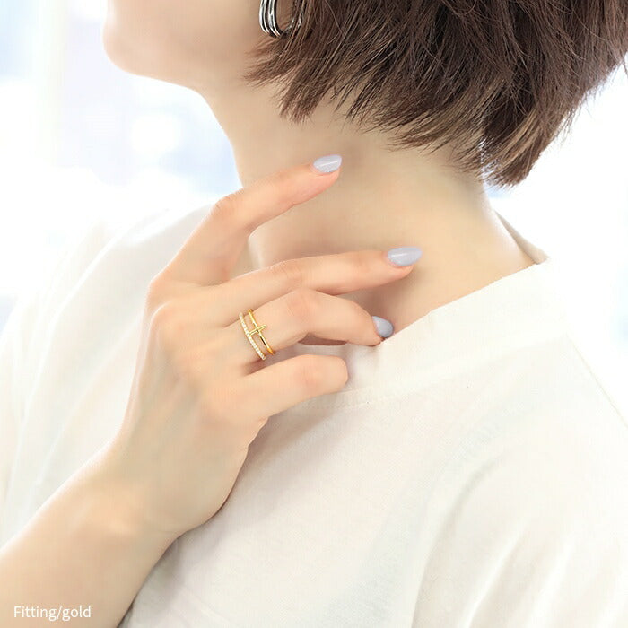 ring-18 リング 指輪 レディース クロス 2連 シルバー ゴールド 金属アレルギー シンプル 18k 18金 k18 ニッケルフリー 12号 ファッションリング ゴールドリング シルバーリング 18Kコーティング ストーン キラキラ キュービックジルコニア 上品 大人可愛い 凛